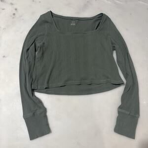 Aerie Size XL Square Neck Ribbed Crop Long Sleeve Olive Green Boho Top Tee